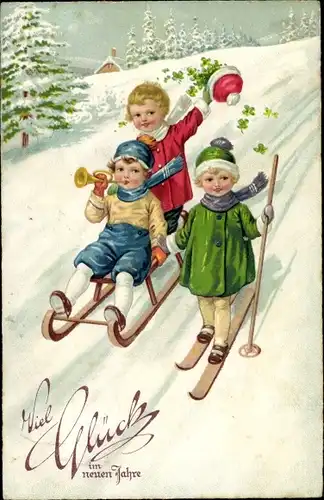 Ak Glückwunsch Neujahr, Kinder mit Ski, Schlitten, Kleeblätter
