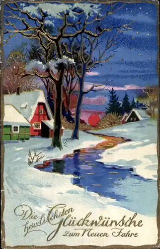 Ak Glückwunsch Neujahr, Winterlandschaft, Häuser, Fluss