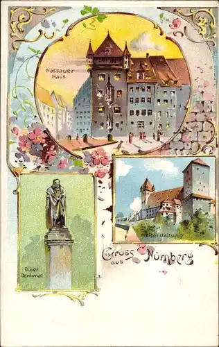 Litho Nürnberg in Mittelfranken Bayern, Nassauer Haus, Kaiserstallung, Dürer Denkmal