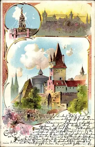 Litho Nürnberg in Mittelfranken, Burg, Am Frauentor, Tugendbrunnen