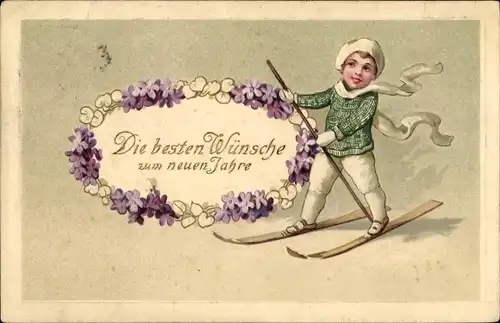 Ak Glückwunsch Neujahr, Junge auf Skiern