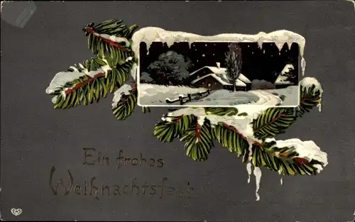 Winter Litho Glückwunsch Weihnachten, Schneebedeckte Häuser, Tannenzweig
