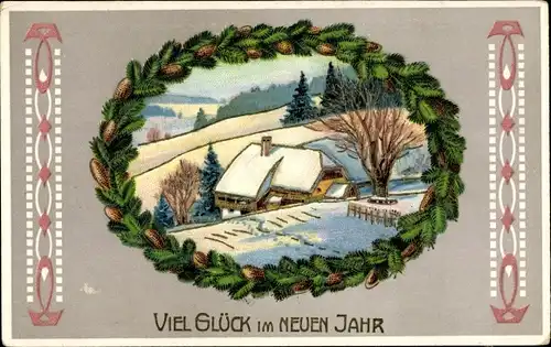 Präge Litho Glückwunsch Neujahr, Winterlandschaft, Haus