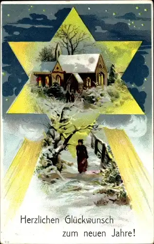 Litho Glückwunsch Neujahr, Stern, Kirche bei Nacht, Frau im Schnee