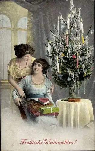 Ak Glückwunsch Weihnachten, Zwei Frauen, Geschenke, Tannenbaum