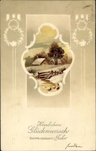 Präge Passepartout Ak Glückwunsch Neujahr, Winterlandschaft, Häuser