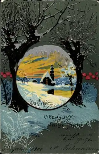 Winter Litho Glückwunsch Neujahr, Winterlandschaft, Kirche