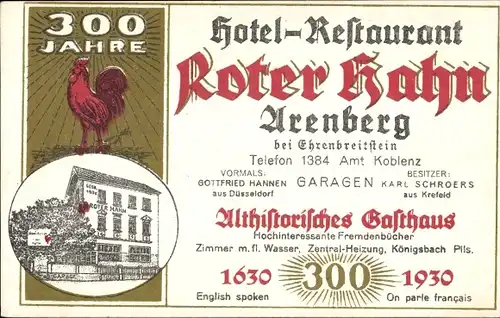 Ak Arenberg Koblenz am Rhein, Hotel Roter Hahn Arenberg