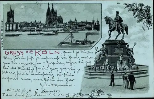 Mondschein Litho Köln am Rhein, Dom, Stadt, Kaiserdenkmal