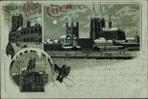 Mondschein Winter Litho Köln am Rhein, Dom, Stadt, Rathaus, Stadthaus Platz, Denkmal