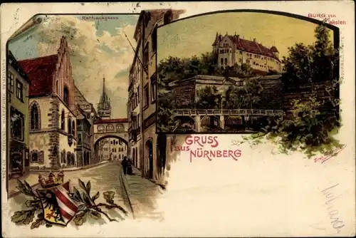 Künstler Litho Spindler, Erw., Nürnberg in Mittelfranken, Burg Westseite, Rathausgasse