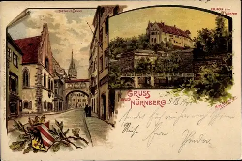 Künstler Litho Spindler, Erw., Nürnberg in Mittelfranken, Burg Westseite, Rathausgasse