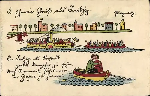 Ak Plagwitz Leipzig in Sachsen, Gesamtansicht, Ruderboot, Salondampfer