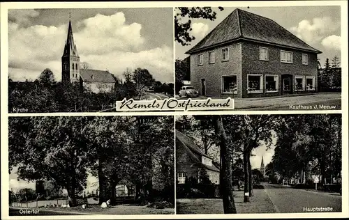 Ak Remels Uplengen in Ostfriesland, Ostertor, Kirche, Hauptstraße, Kaufhaus