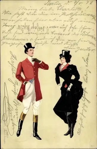 Litho Mann und Frau in Reitkleidung