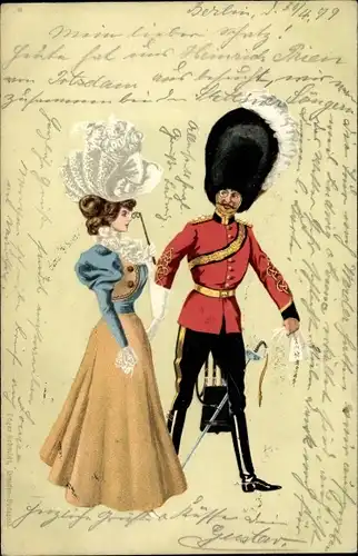 Litho Soldat in Uniform und elegante Dame