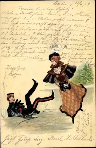 Litho Gestürzter Mann und Frau beim Eislaufen