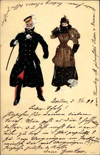 Litho Mann und Frau in Wintermänteln im Schneefall