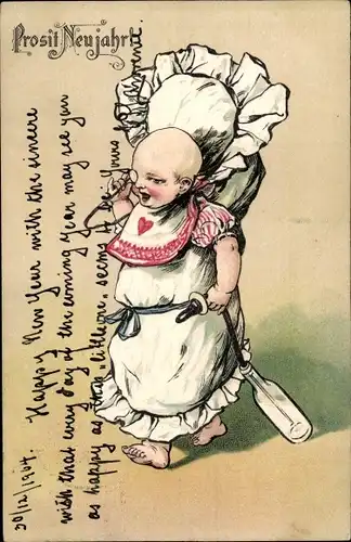 Litho Glückwunsch Neujahr, Baby mit Milchflasche