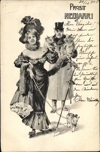 Ak Glückwunsch Neujahr, Mann und Frau mit Schweinen