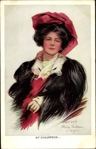 Künstler Ak Boileau, Philip, My Chauffeur, Portrait einer Frau mit rotem Hut