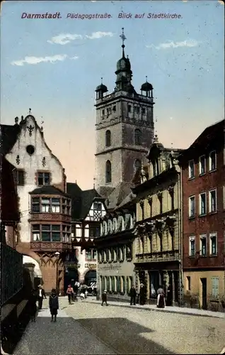 Ak Darmstadt, Pädagogstraße, Blick auf Stadtkirche