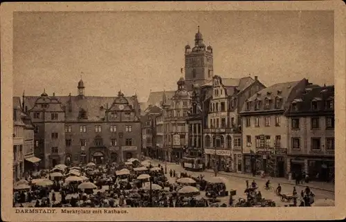Ak Darmstadt in Hessen, Marktplatz mit Rathaus