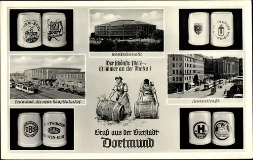 Ak Dortmund im Ruhrgebiet, Bierkrüge, Westfalenhalle, Hauptbahnhof, Straßenbahn, Hansastraße