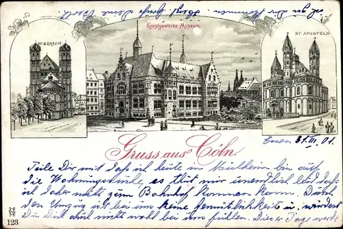 Litho Köln am Rhein, St. Apostel, St. Gereon, Kunsgewerbe Museum