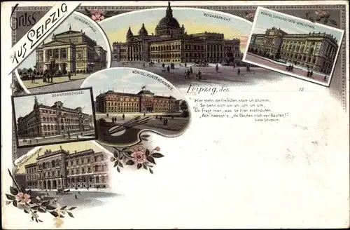 Litho Leipzig Sachsen, Gewerbeschule, Königl. Universitäts-Bibliothek, Kunstakademie, Reichsgericht