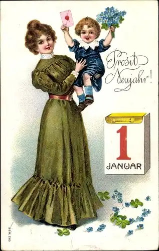 Ak Glückwunsch Neujahr, Frau mit Kind, Kalender, Kleeblätter, Vergissmeinnicht