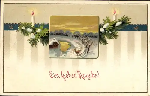 Passepartout Ak Glückwunsch Neujahr, Winterlandschaft, Reh
