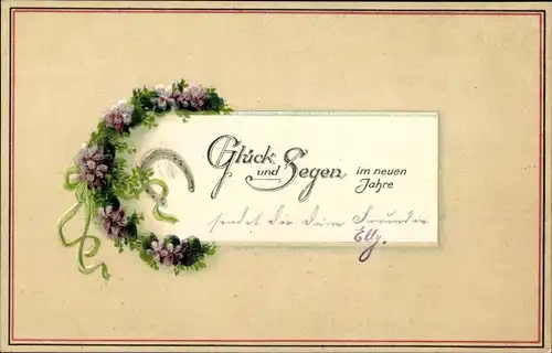 Ak Glückwunsch Neujahr, Hufeisen, Blüten