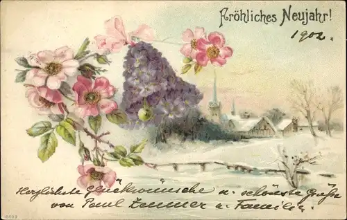 Litho Glückwunsch Neujahr, Glocke aus Veilchenblüten, Heckenrose, Ortschaft, Winter