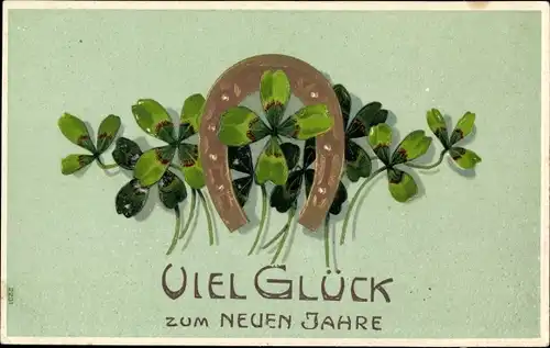 Präge Litho Glückwunsch Neujahr, Hufeisen, Kleeblätter