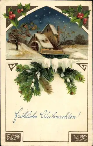 Ak Glückwunsch Weihnachten, Wassermühle, Stechpalmen