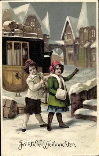 Ak Glückwunsch Weihnachten, Kinder vor einer Kutsche