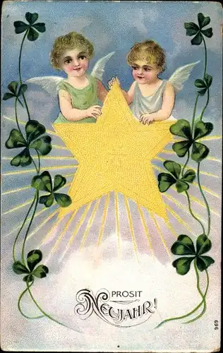 Ak Glückwunsch Neujahr, Zwei Engel mit Stern, Kleeblätter