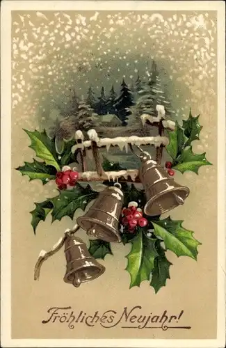 Litho Glückwunsch Neujahr, Glocken, Schneefall, Stechpalmenzweige