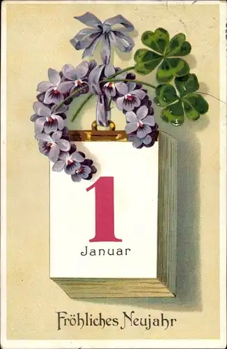 Ak Glückwunsch Neujahr, Kalender, Hufeisen, Veilchen, Kleeblätter