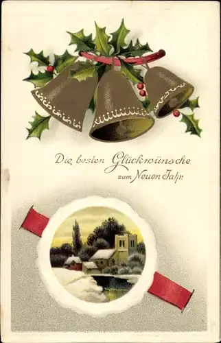 Präge Ak Glückwunsch Neujahr, Glocken, Stechpalmenzweige, Häuser