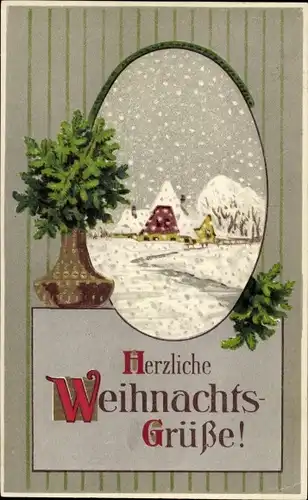 Präge Ak Glückwunsch Weihnachten, Vase, Tannenzweige, Ortschaft, Schneefall