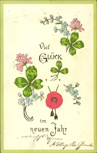 Präge Litho Glückwunsch Neujahr, Kleeblätter, Hufeisen, Vergissmeinnicht