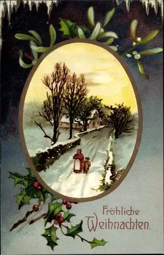 Winter Präge Litho Glückwunsch Weihnachten, Winterlandschaft, Stechpalmenzweige, Misteln