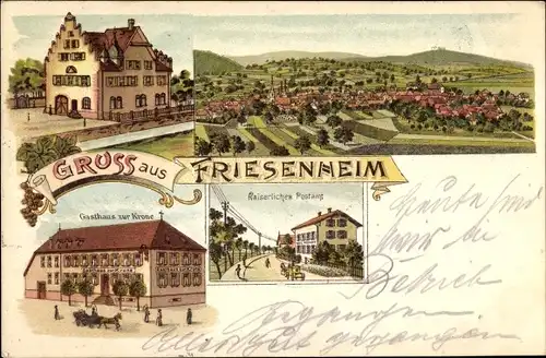 Litho Friesenheim in Baden, Kaiserliches Postamt, Gasthaus zur Krone, Totalansicht