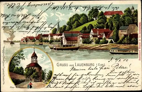 Litho Lauenburg an der Elbe, Alter Schlossturm, Blick auf den Ort