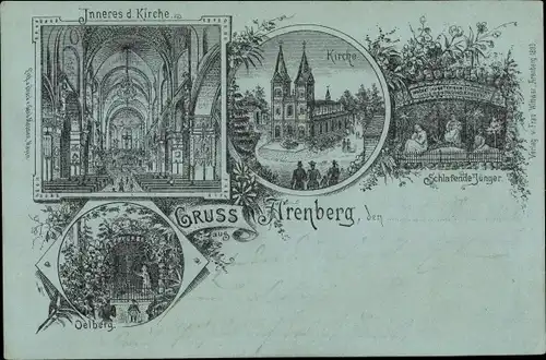 Litho Arenberg Koblenz am Rhein, Kirche, Innenansicht, Schlafende Jünger, Kirche, Ölberg