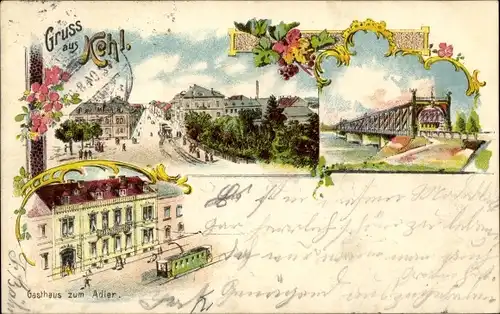 Litho Kehl am Rhein, Gasthaus zum Adler, Brücke, Straßenpartie