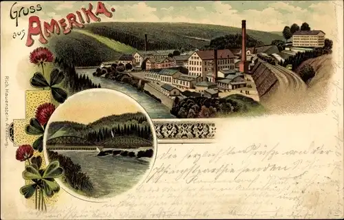 Litho Amerika Penig in Sachsen, Blick auf den Ort, Brücke