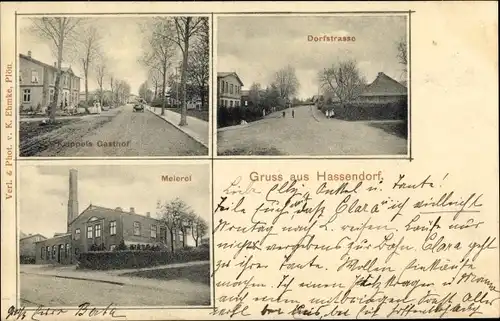 Ak Hassendorf Bosau in Ostholstein, Dorfstraße, Krippels Gasthof, Meierei